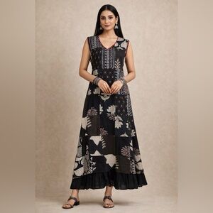 Pure Cotton A-line Black and Cream Patchwork Kurta